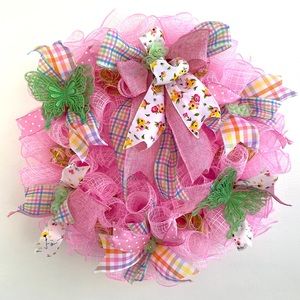 Hand Crafted Deco Mesh Wreath Pink Butterfly Wreath Baby Shower Spring Summer